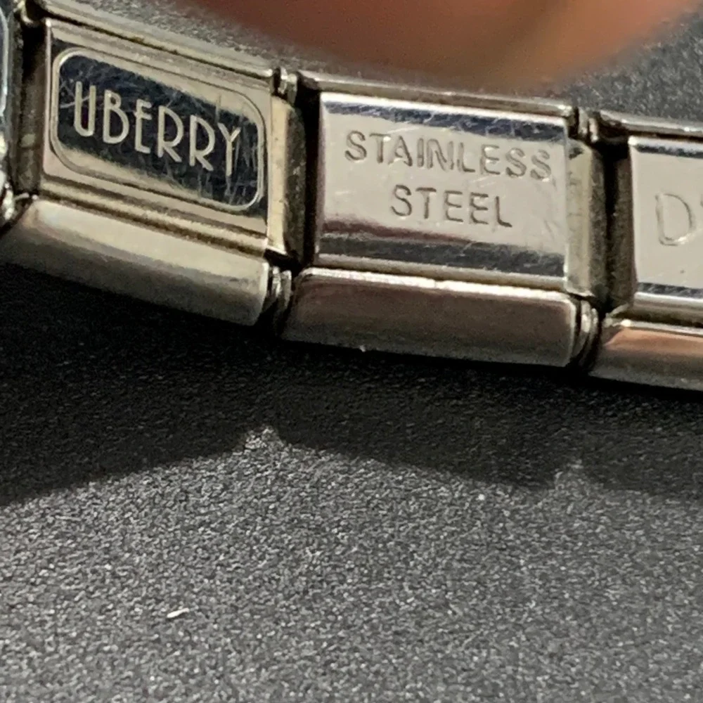 Uberry D'linQ Italian Charm Bracelet Watch Silver Tone Black Dial Vintage Style